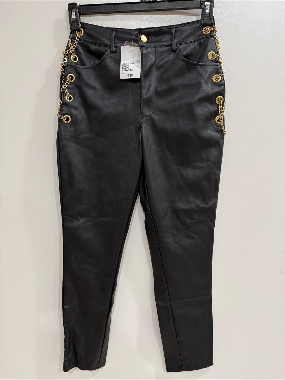 Forever 21 Black Faux Leather Leggings with Gold Chain Detail